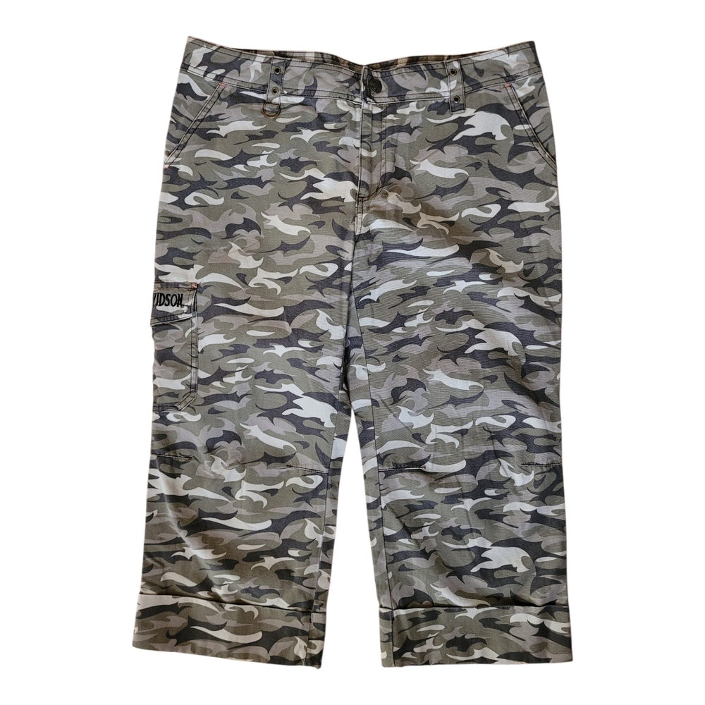 Y2K Harley-Davidson Camo Cargo Capris Grey Olive Cotton Canvas Vintage
